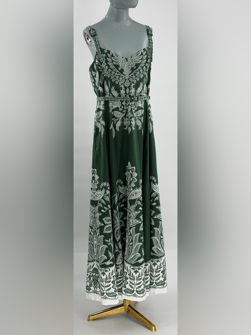 🆕 FARM Rio 🧿 NWT Miranda Buckles Maxi Dress, Dark Green & White Linen - Sz XL - Picture 4 of 15